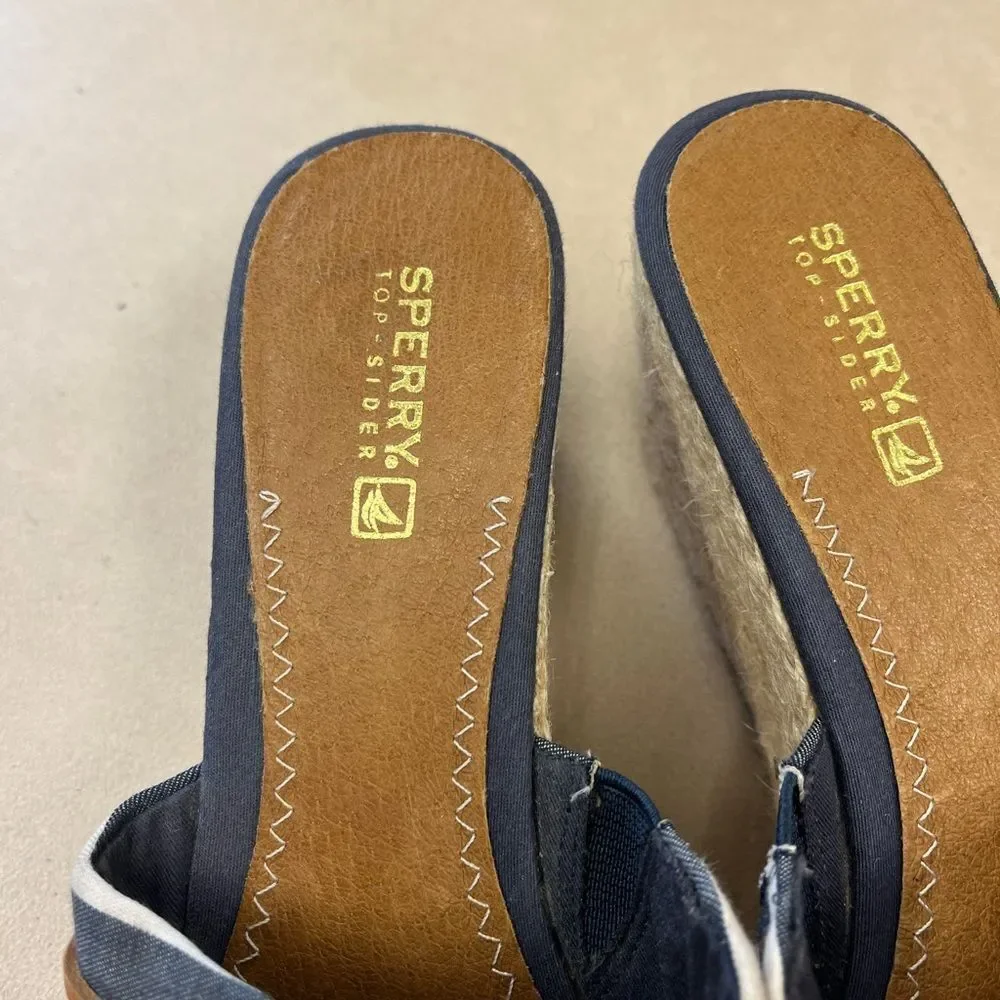 Sperry Nautical Stripe Espadrille Wedge Slip On Slides sz 8.5 EUC